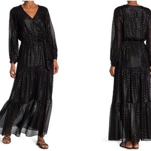 Johnny Was Jade Yobain Silk Maxi Dress Black M Tiered Long Sleeve Boho Luxe